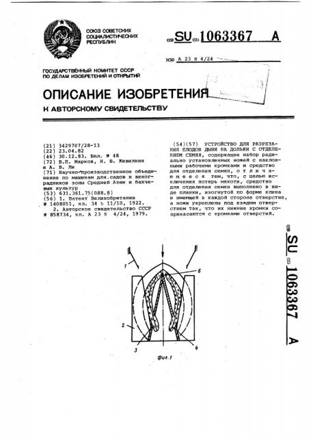 Устройство для разрезания плодов дыни на дольки с отделением семян (патент 1063367)