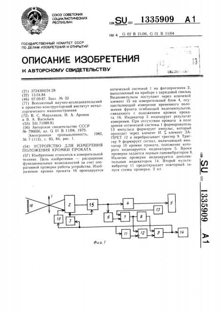 Устройство для измерения положения кромки проката (патент 1335909)