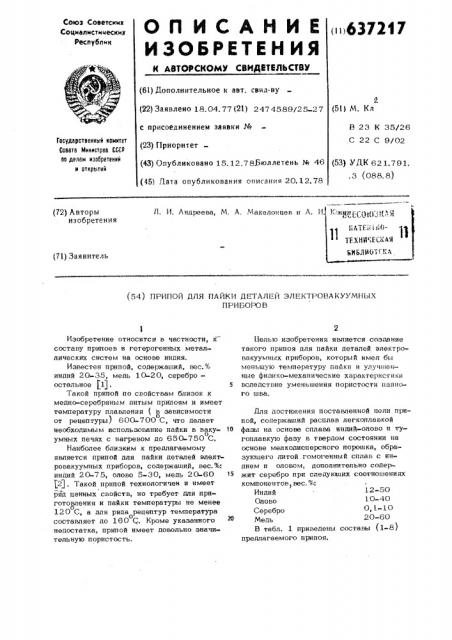 Припой для пайки деталей электровакуумных приборов (патент 637217)