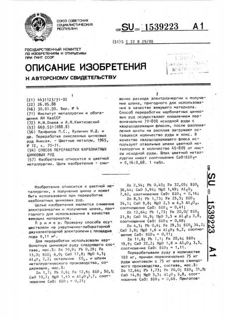 Способ переработки карбонатных цинковых руд (патент 1539223)