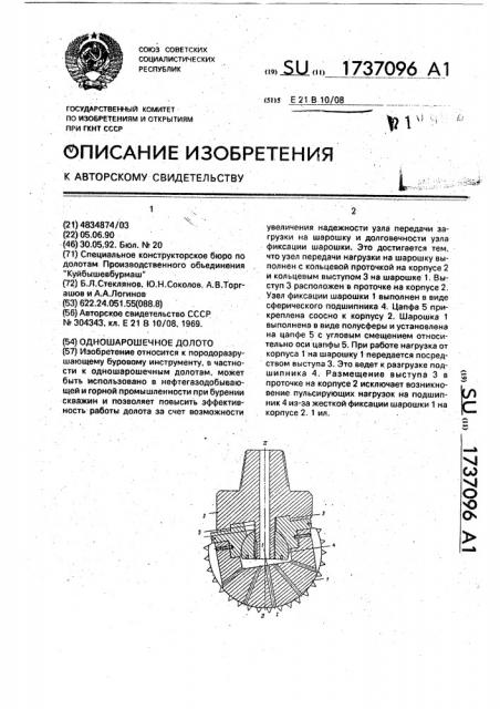 Одношарошечное долото (патент 1737096)