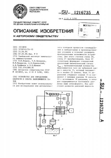 Устройство для определения скорости и объема выделяющихся газов (патент 1216735)