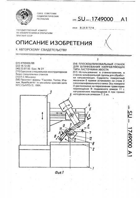 Плоскошлифовальный станок для шлифования направляющих типа ласточкина хвоста (патент 1749000)