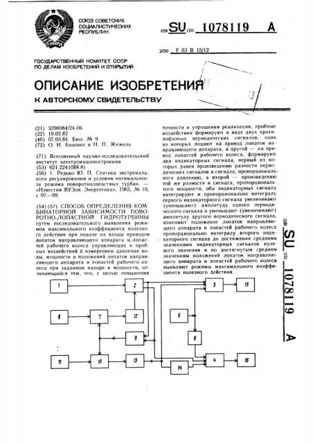 Способ определения комбинаторной зависимости поворотно- лопастной гидротурбины (патент 1078119)