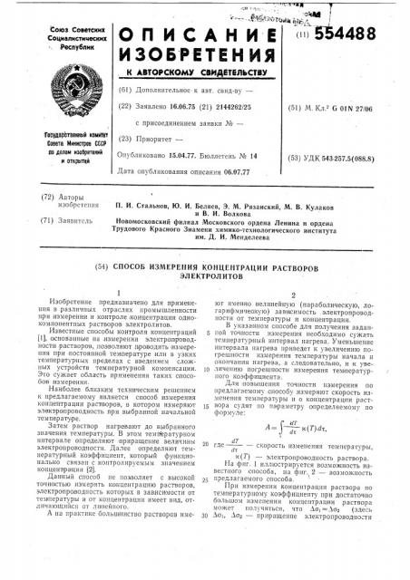 Способ измерения концентрации растворов электролитов (патент 554488)