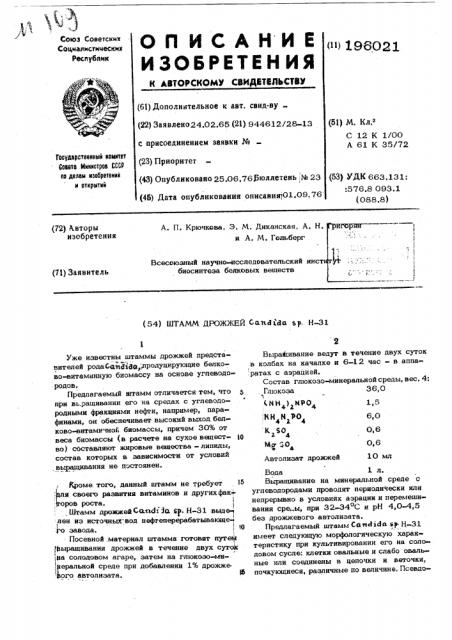 Штамм дрожжей н-31 (патент 196021)