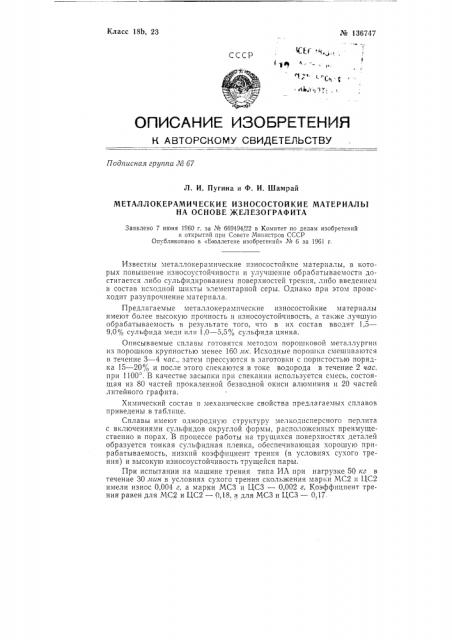 Металлокерамические фрикционные материалы на основе железографита (патент 136747)