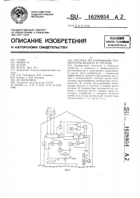 Система регулирования температуры воздуха в теплице (патент 1628954)