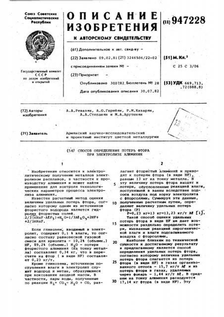 Способ определения потерь фтора при электролизе алюминия (патент 947228)