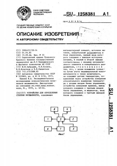 Устройство для определения степени внушаемости (патент 1258381)