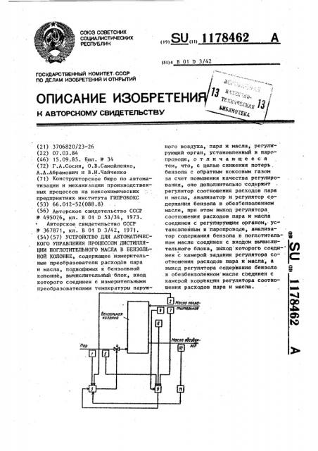 Устройство для автоматического управления процессом дистилляции поглотительного масла в бензольной колонне (патент 1178462)