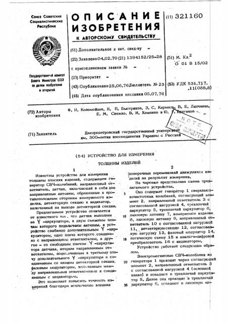 Устройство для измерения толщины изделий (патент 321160)