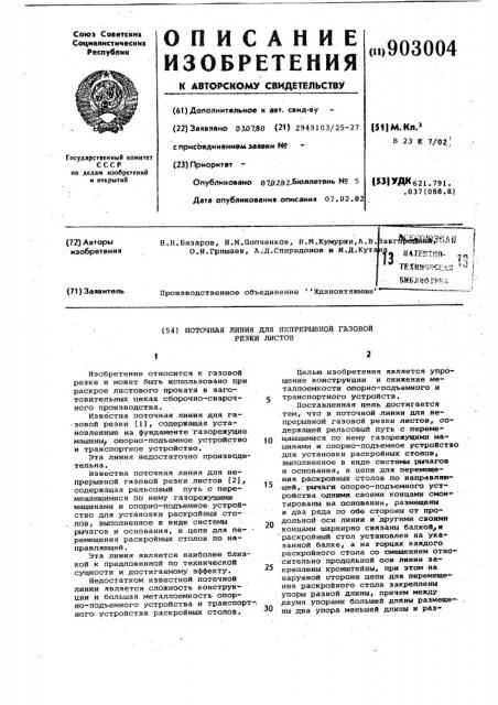 Поточная линия для непрерывной газовой резки листов (патент 903004)