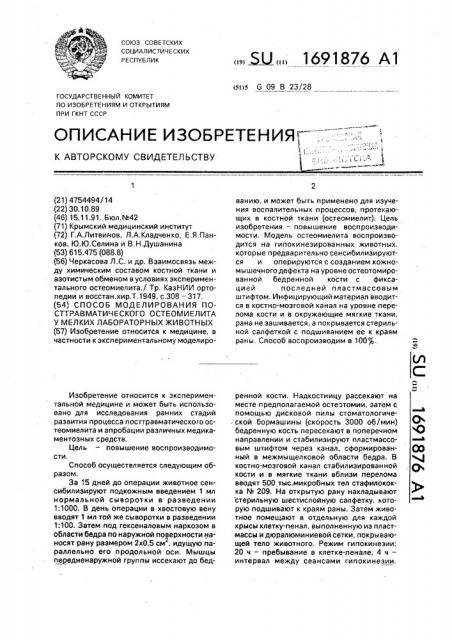 Способ моделирования посттравматического остеомиелита у мелких лабораторных животных (патент 1691876)