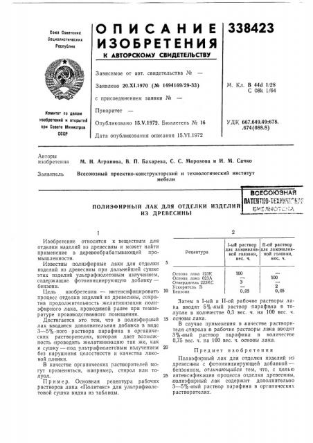 Полиэфирный лак для отделки изделий из древесинывсесоюзная (патент 338423)