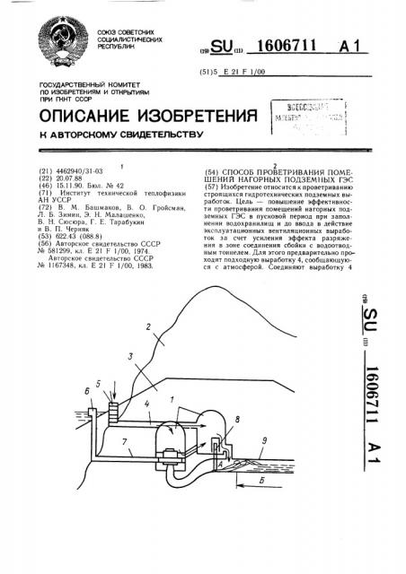 Способ проветривания помещений нагорных подземных гэс (патент 1606711)