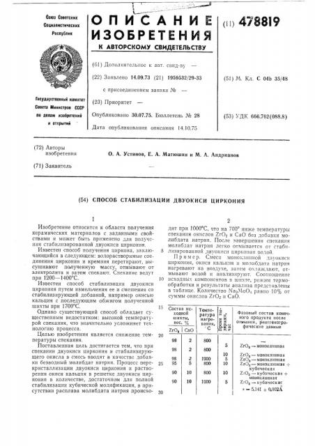 Способ стабилизации двуокиси циркония (патент 478819)