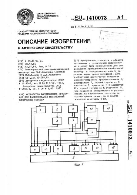 Устройство формирования признаков для распознавания изображений однородных текстур (патент 1410073)