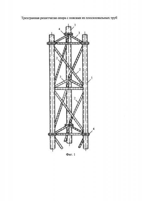 Трехгранная решетчатая опора с поясами из плоскоовальных труб (патент 2664092)