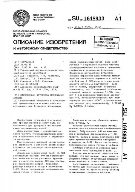 Двухслойная футеровка плавильной камеры (патент 1648933)