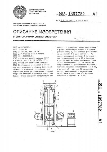 Стенд для испытания лебедки (патент 1397782)