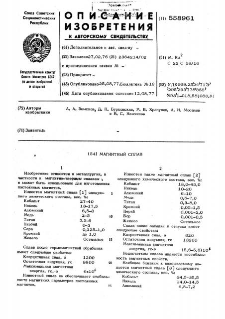 Магнитный сплав (патент 558961)