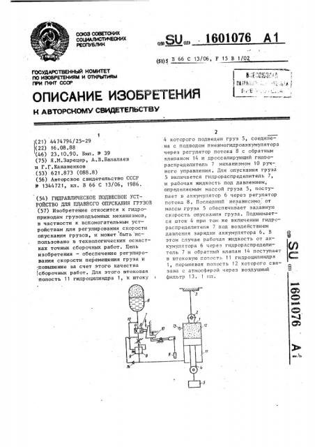 Гидравлическое подвесное устройство для плавного опускания грузов (патент 1601076)