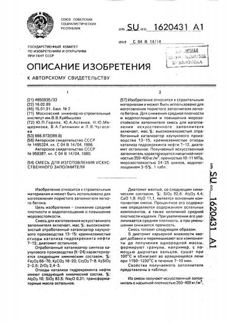 Смесь для изготовления искусственного заполнителя (патент 1620431)