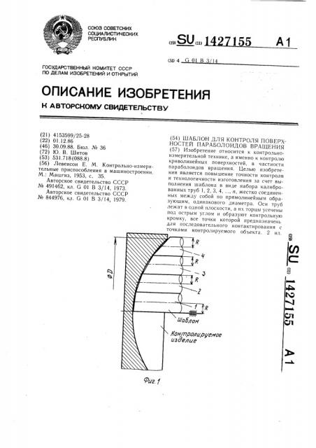 Шаблон для контроля поверхностей параболоидов вращения (патент 1427155)