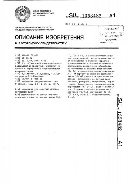 Абсорбент для очистки углеводородного газа (патент 1353482)