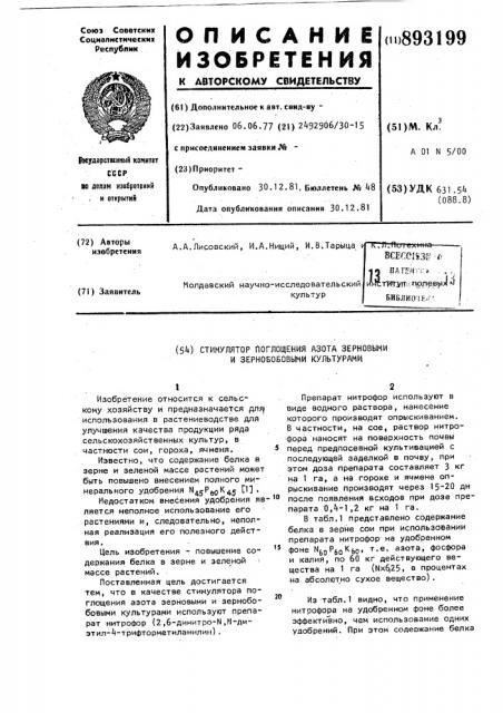 Стимулятор поглощения азота зерновыми и зернобобовыми культурами (патент 893199)