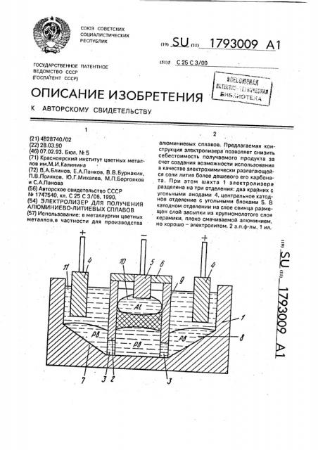 Электролизер для получения алюминиево-литиевых сплавов (патент 1793009)