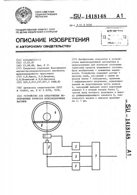 Устройство для обнаружения неотпущенных тормозов железнодорожных вагонов (патент 1418148)