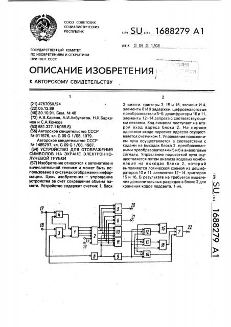 Устройство для отображения символов на экране электронно- лучевой трубки (патент 1688279)