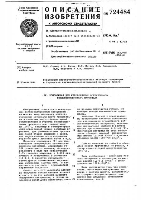 Композиция для изготовления огнеупорного теплоизоляционного материала (патент 724484)