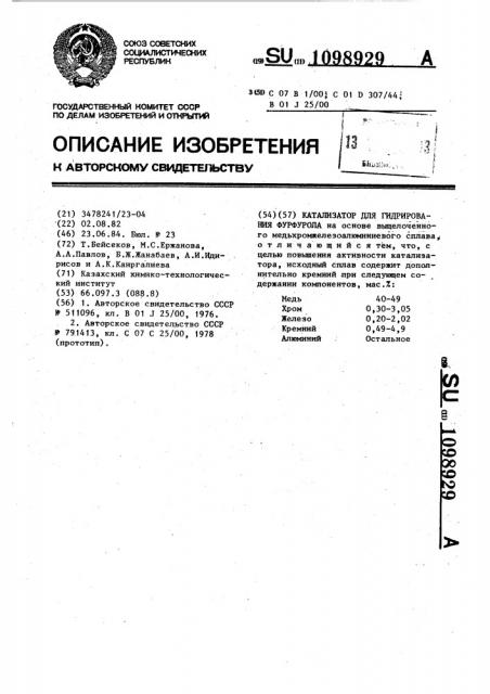 Катализатор для гидрирования фурфурола (патент 1098929)