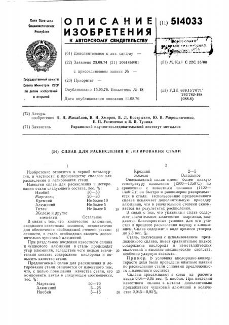 Сплав для раскисления и легирования стали (патент 514033)