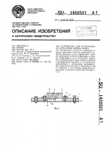 Устройство для остеосинтеза переломов шейки бедра (патент 1452521)