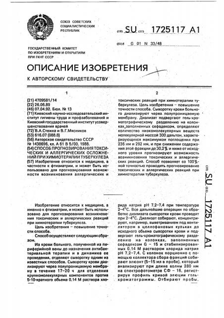 Способ прогнозирования токсических и аллергических осложнений при химиотерапии туберкулеза (патент 1725117)