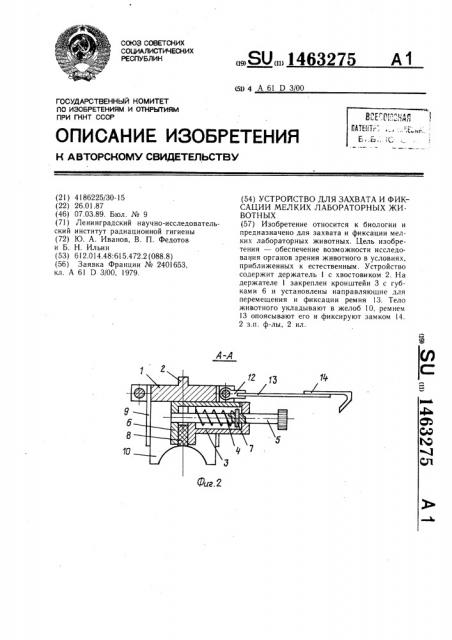 Устройство для захвата и фиксации мелких лабораторных животных (патент 1463275)