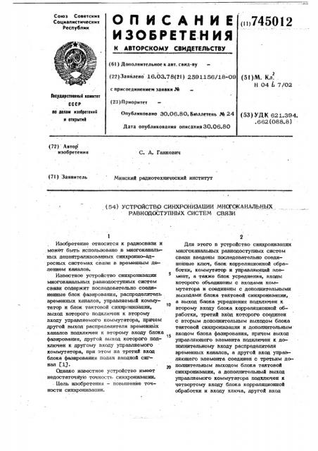 Устройство синхронизации многоканальных равнодоступных систем связи (патент 745012)