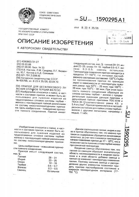 Припой для бесфлюсового лужения сплавов тербий-железо (патент 1590295)