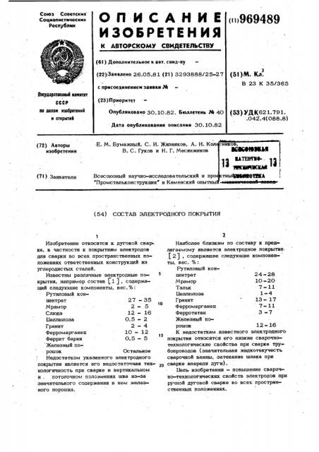 Состав электродного покрытия (патент 969489)