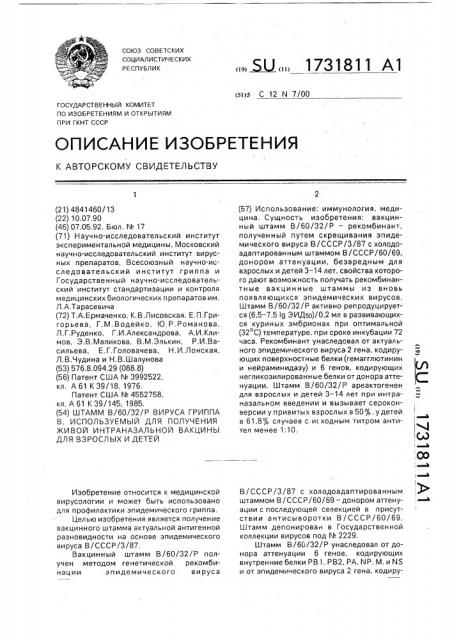 Штамм в/60/32/р вируса гриппа в, используемый для получения живой интраназальной вакцины для взрослых и детей (патент 1731811)