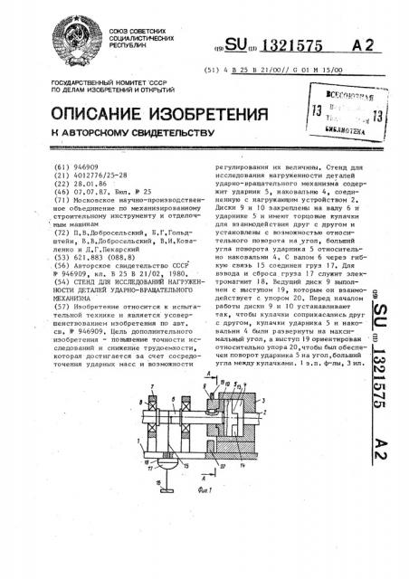 Стенд для исследований нагруженности деталей ударно- вращательного механизма (патент 1321575)