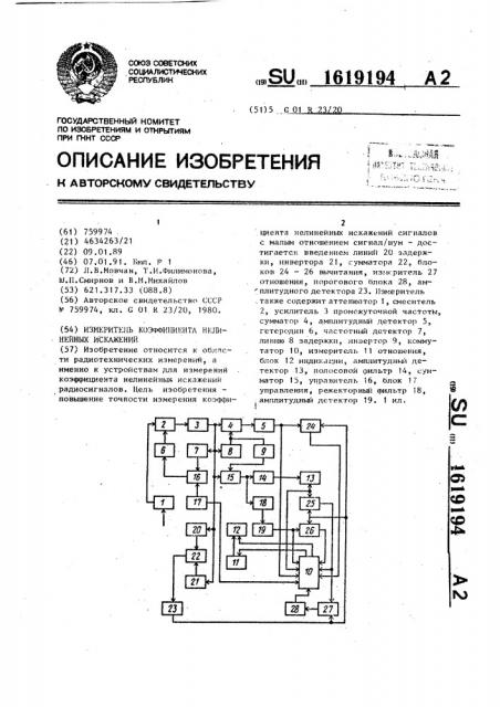 Измеритель коэффициента нелинейных искажений (патент 1619194)