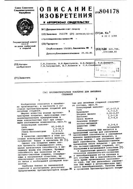 Противопригарное покрытие длялитейных стержней (патент 804178)