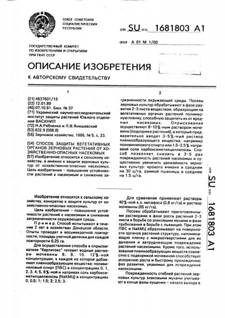 Способ защиты вегетативных органов зерновых растений от хозяйственноопасных насекомых (патент 1681803)