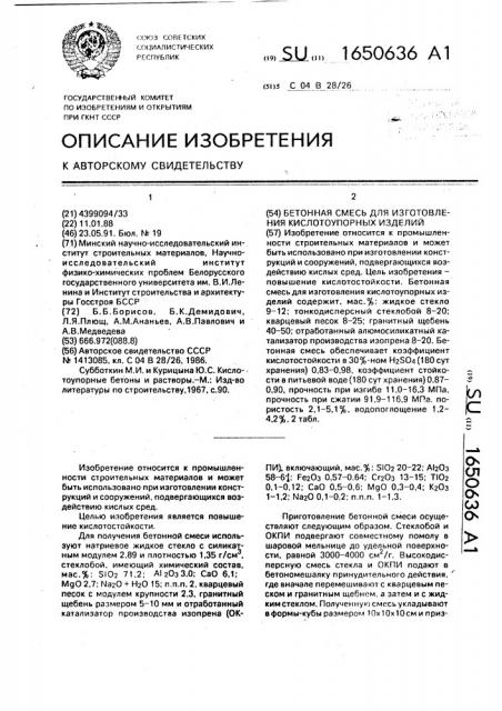 Бетонная смесь для изготовления кислотоупорных изделий (патент 1650636)