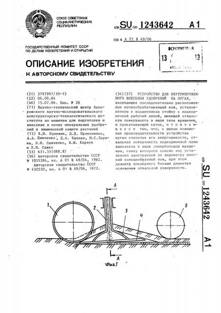 Устройство для внутрипочвенного внесения удобрений на лугах (патент 1243642)